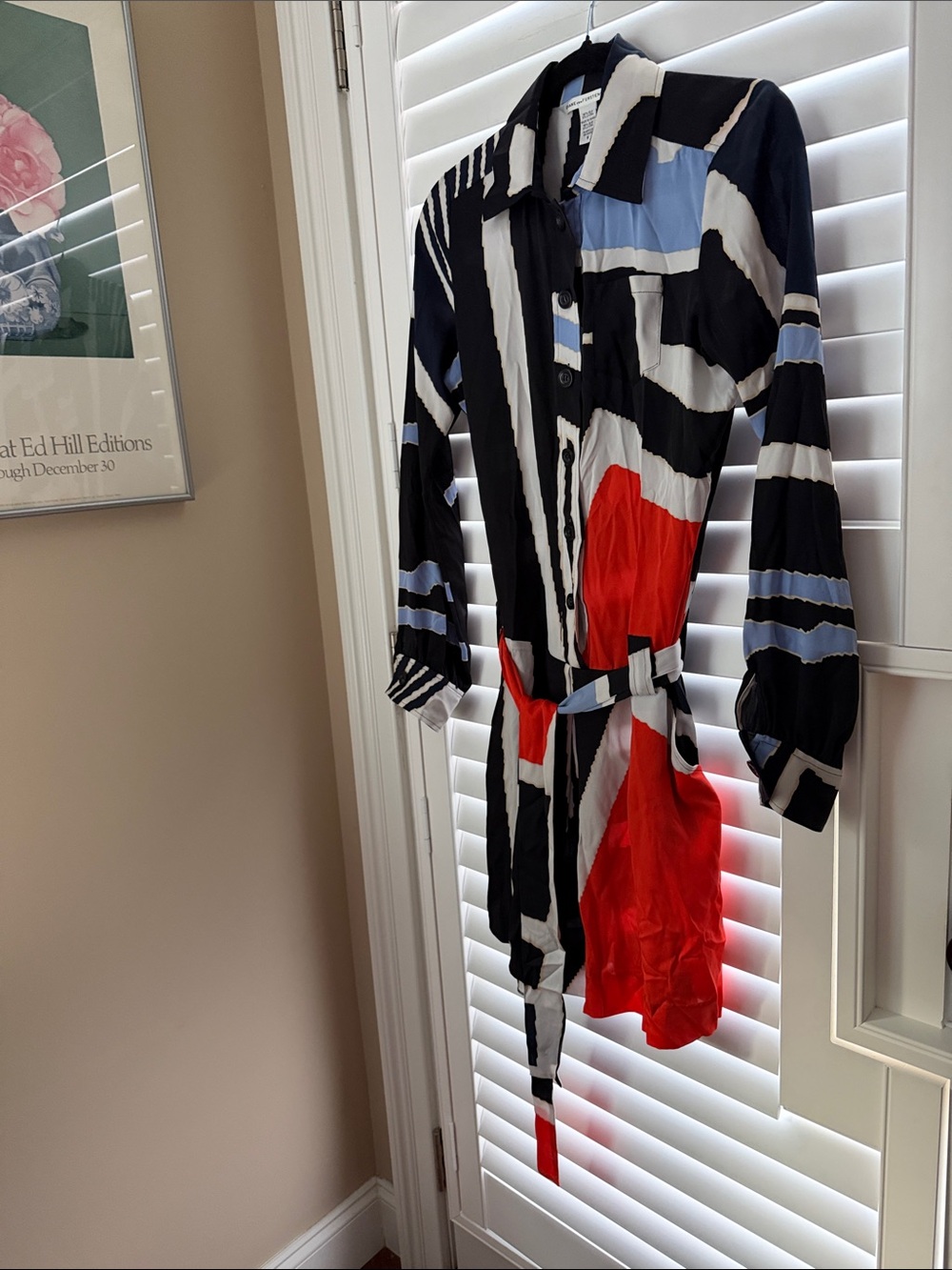 Diane Von Furstenberg Black White Red Blue Patterned Long Sleeve Shirt Dress